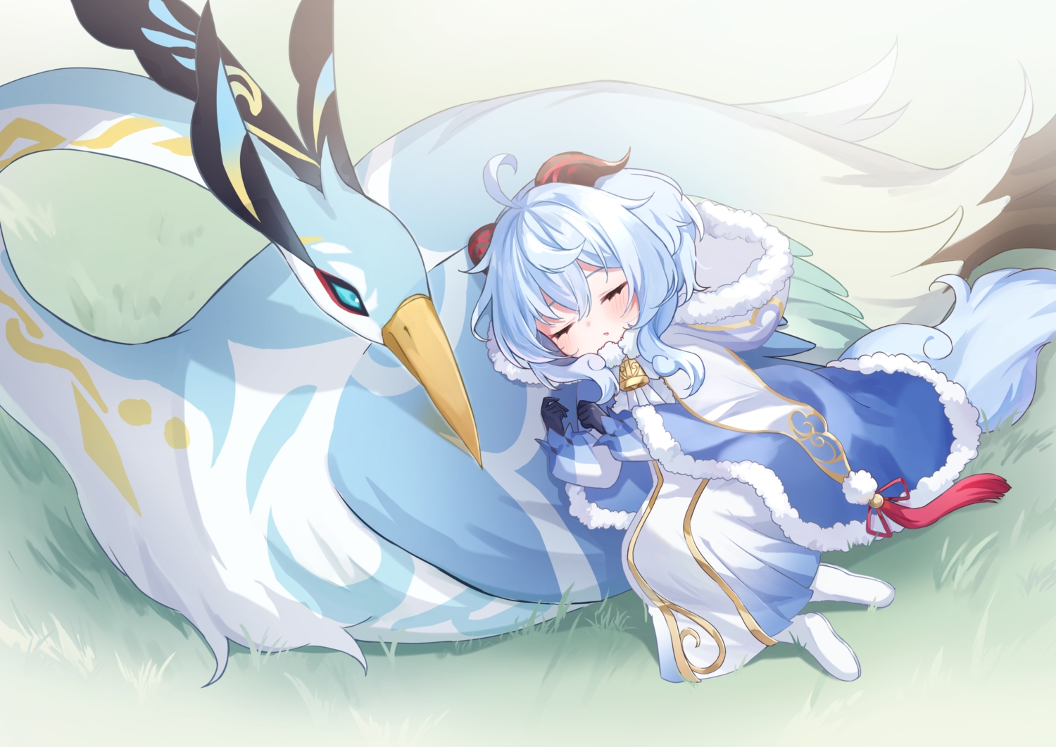 animal, ayatsuki_hina, bell, bird, blue_hair, blush, cape, cloud_retainer_(genshin_impact), dress, ganyu_(genshin_impact), genshin_impact, grass, hood, horns, loli, short_hair, sleeping, tail, xianyun_(genshin_impact)