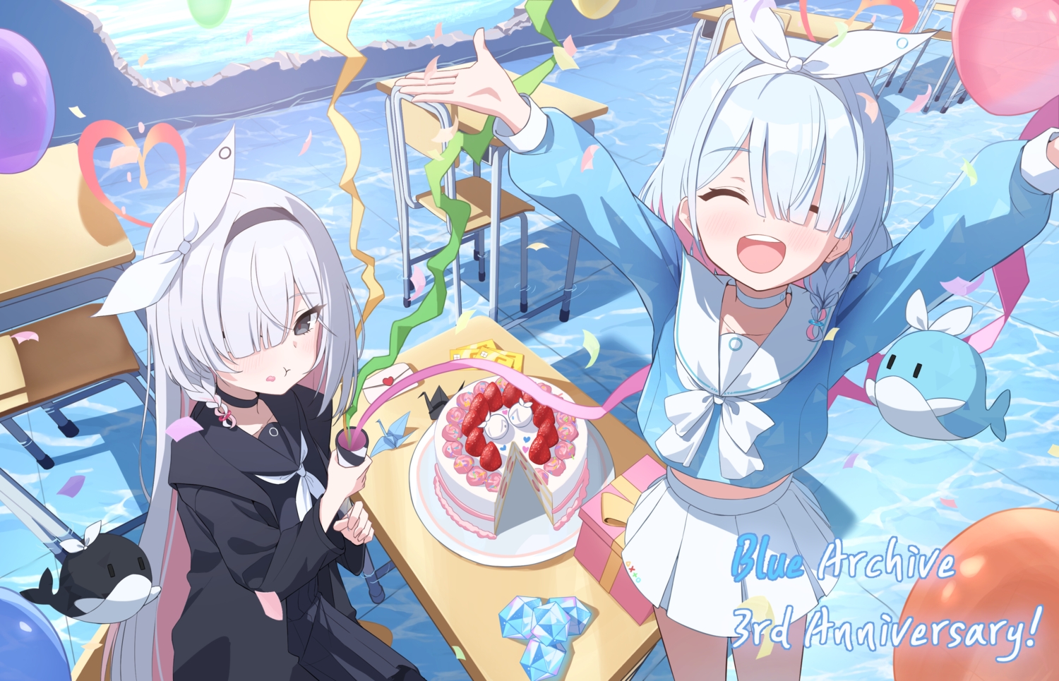 2girls, arona_(blue_archive), blue_archive, blue_hair, blush, bow, braids, cake