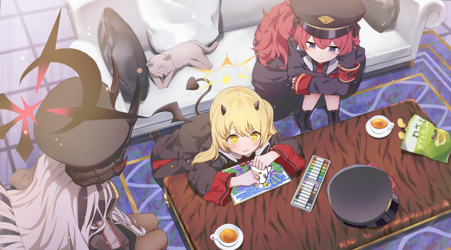 animal, blonde_hair, blue_archive, blush, boots, cat, couch, drink, food, gray_hair, halo, hanuma_makoto, hat, heimu_(heim_kstr), horns, loli, long_hair, military, natsume_iroha, pantyhose, paper, ponytail, purple_eyes, red_hair, tail, tanga_ibuki, tie, wings