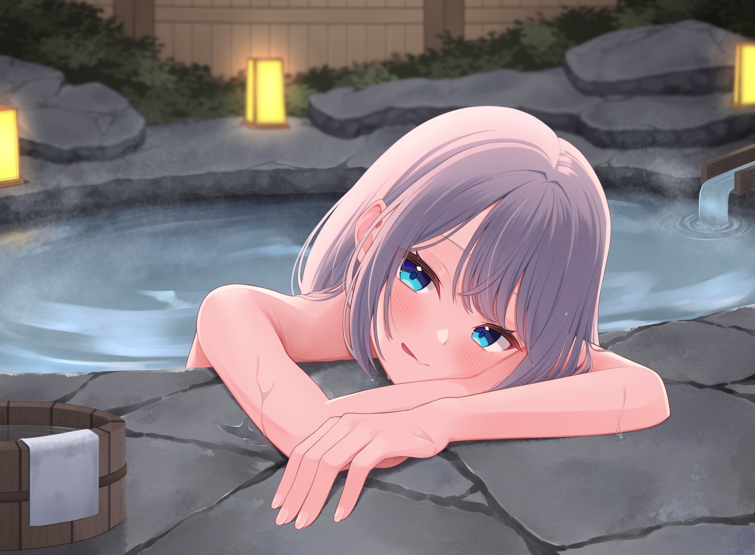 aqua_eyes, blush, close, gray_hair, kaga_sumire, night, onsen, puni_(yuuki-0215), short_hair, towel, vspo!, water