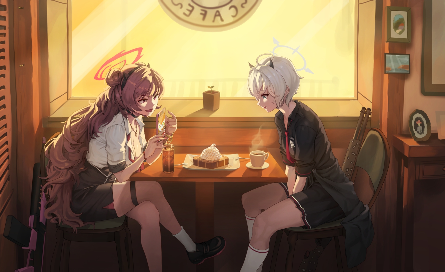 2girls, blue_archive, blue_eyes, breasts, choker, cleavage, drink, fang
