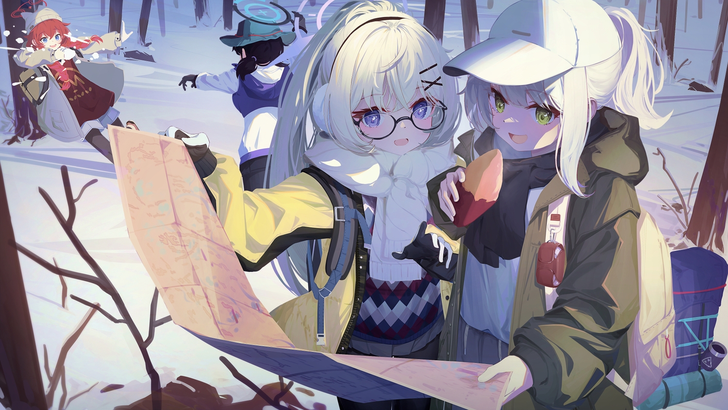 999kun, aliasing, black_hair, blue_archive, blue_eyes, dress, food, forest