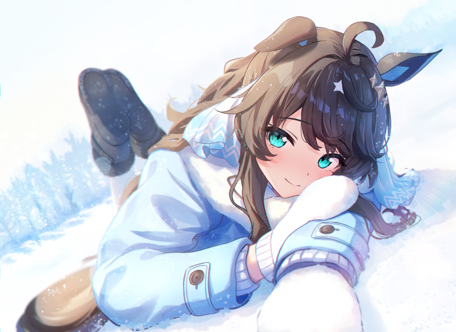 animal_ears, anthropomorphism, aqua_eyes, brown_hair, daring_tact_(umamusume), gloves, kashmir_0808, long_hair, tree, uma_musume:_pretty_derby, winter