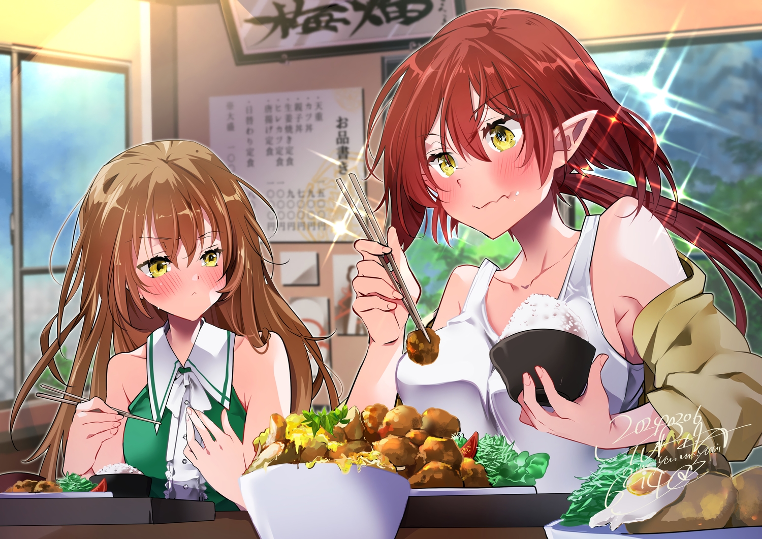 2girls, blush, bow, brown_hair, food, himeyamayuri, long_hair, original