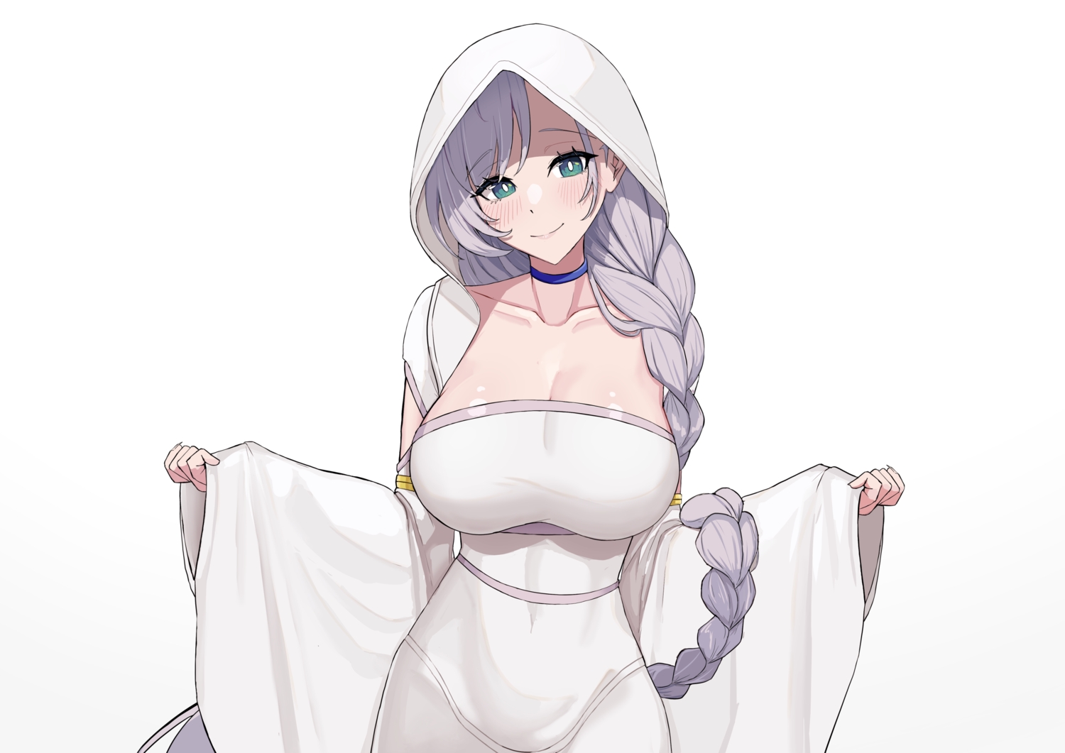 blush, braids, breasts, choker, cleavage, cosplay, dress, gray_hair