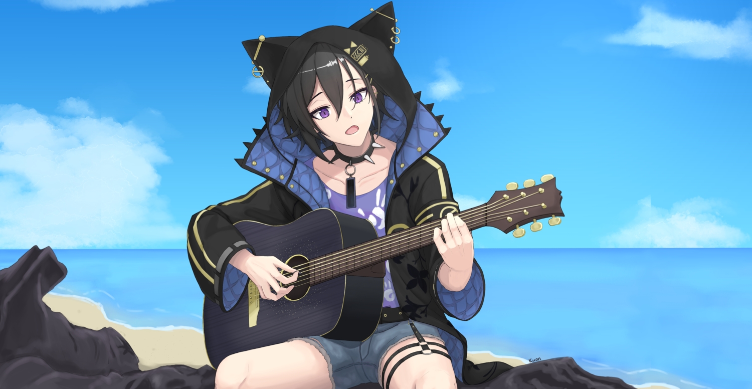 all_male, animal_ears, beach, black_hair, clouds, collar, garter, guitar, hololive, hood, instrument, kanade_izuru, kuon_bb, male, purple_eyes, shirt, short_hair, shorts, signed, sky, water