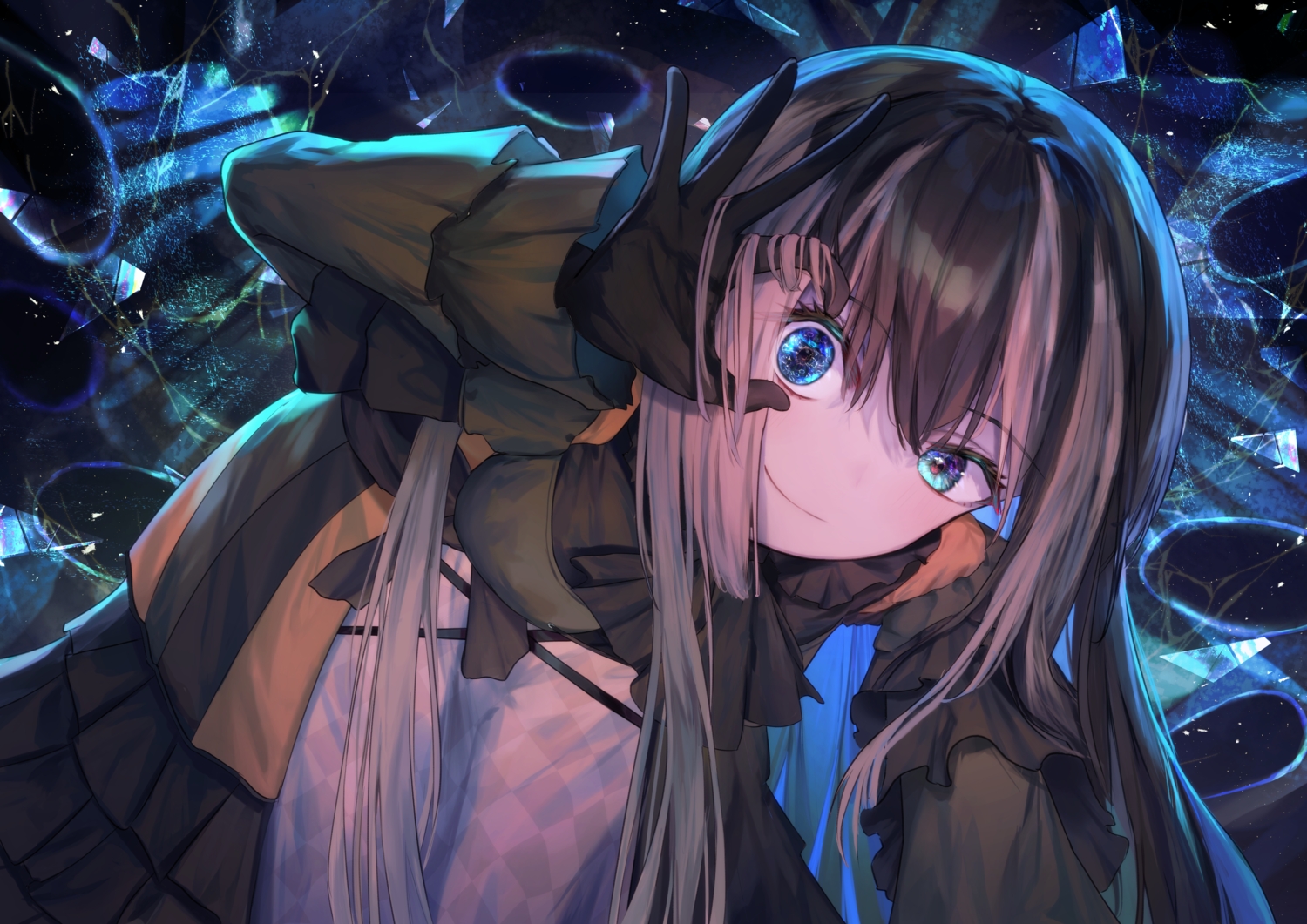 aqua_eyes, bicolored_eyes, blush, brown_hair, close, dress, gloves, goth-loli, hololive, juufuutei_raden, lolita_fashion, long_hair, solar_torch