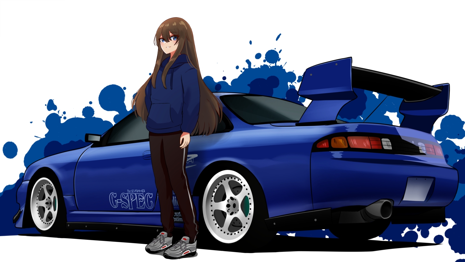 blue_eyes, brown_hair, car, hood, long_hair, manziqr, original, white