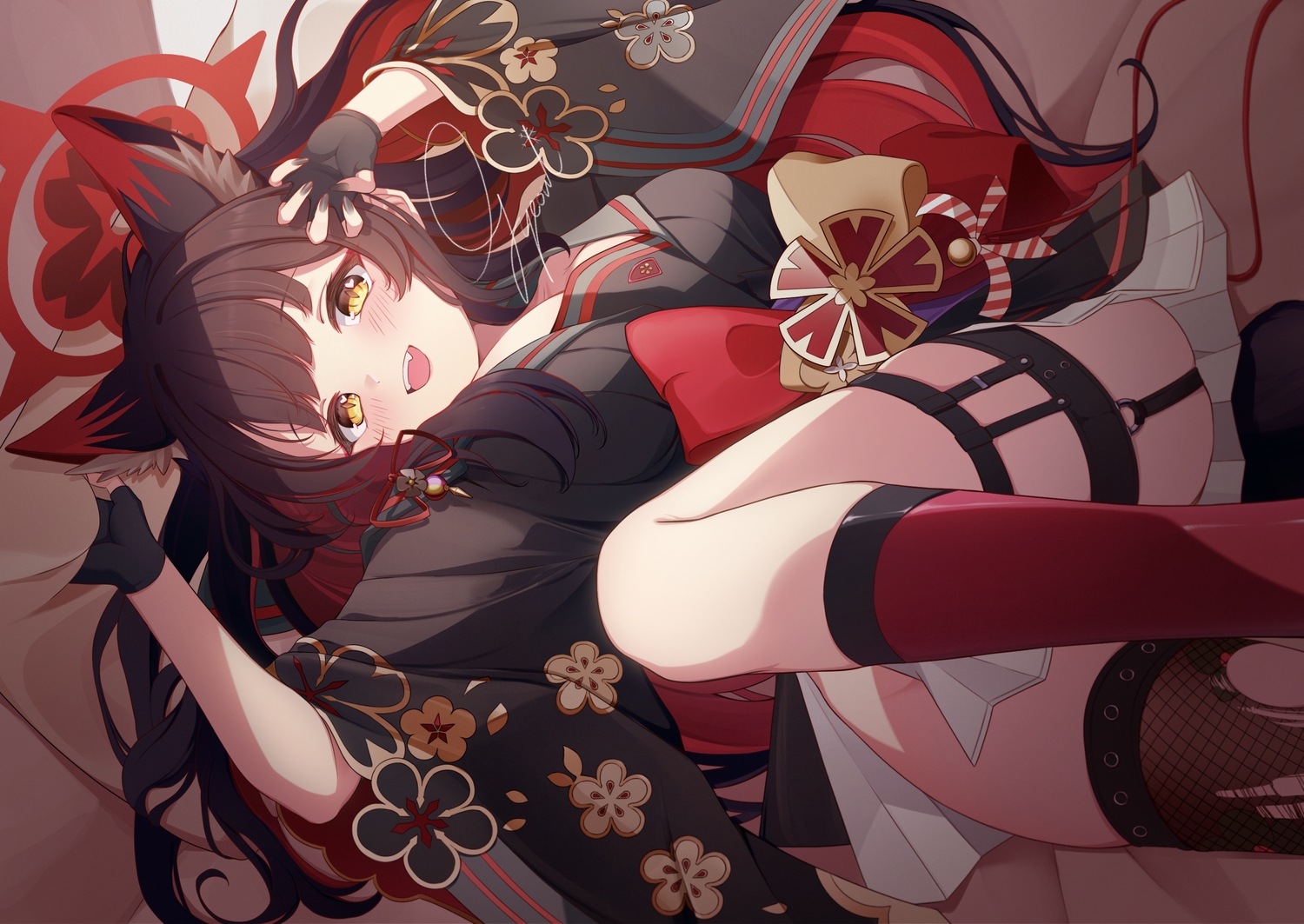 animal_ears, blue_archive, blush, bow, brown_hair, close, fang, foxgirl, garter, gloves, gyeou_lee, halo, japanese_clothes, kimono, kneehighs, kosaka_wakamo, long_hair, school_uniform, signed, skirt, thighhighs, torn_clothes, yellow_eyes