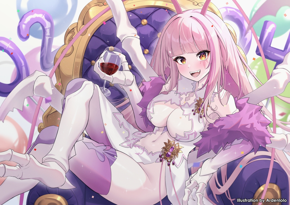 aliasing, ardenlolo, breasts, cleavage, dress, drink, fang, long_hair, matara_kan, navel, pink_hair, red_eyes, thighhighs, vshojo, watermark