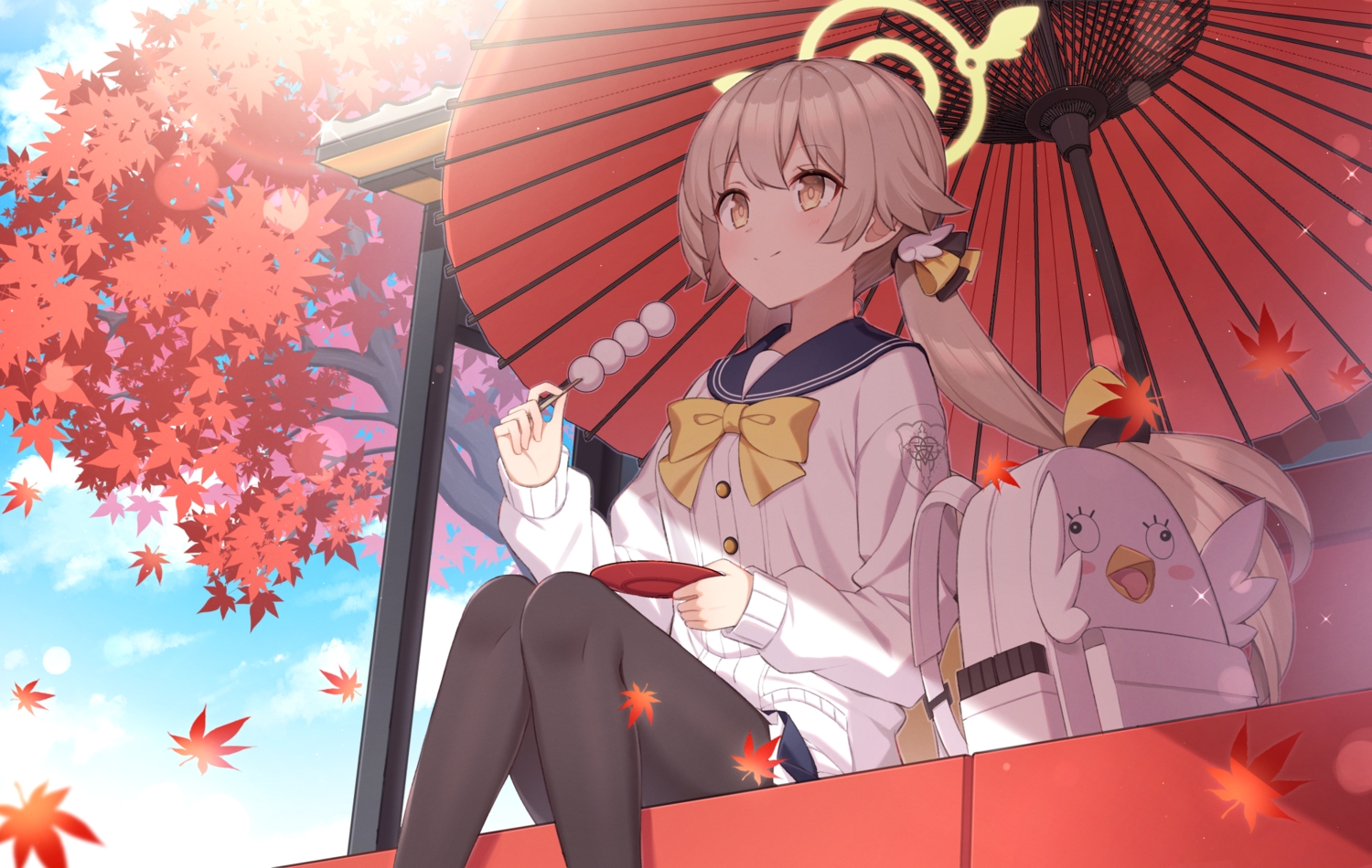 ajitani_hifumi, autumn, blonde_hair, blue_archive, blush, bow, brown_eyes, clouds