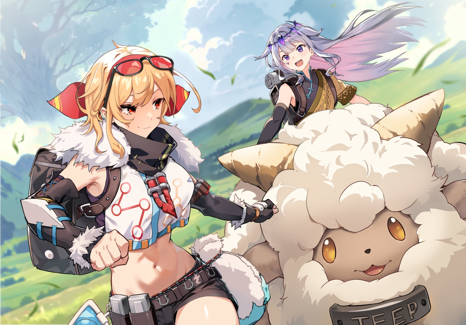 2girls, aliasing, animal, blonde_hair, chinese_clothes, clouds, gloves, grass, gray_hair, headband, headdress, hololive, kaela_kovalskia, koseki_bijou, lamball, long_hair, navel, palworld, popo_(popo0cat), purple_eyes, red_eyes, scarf, sheep, shorts, sky, sunglasses, tree