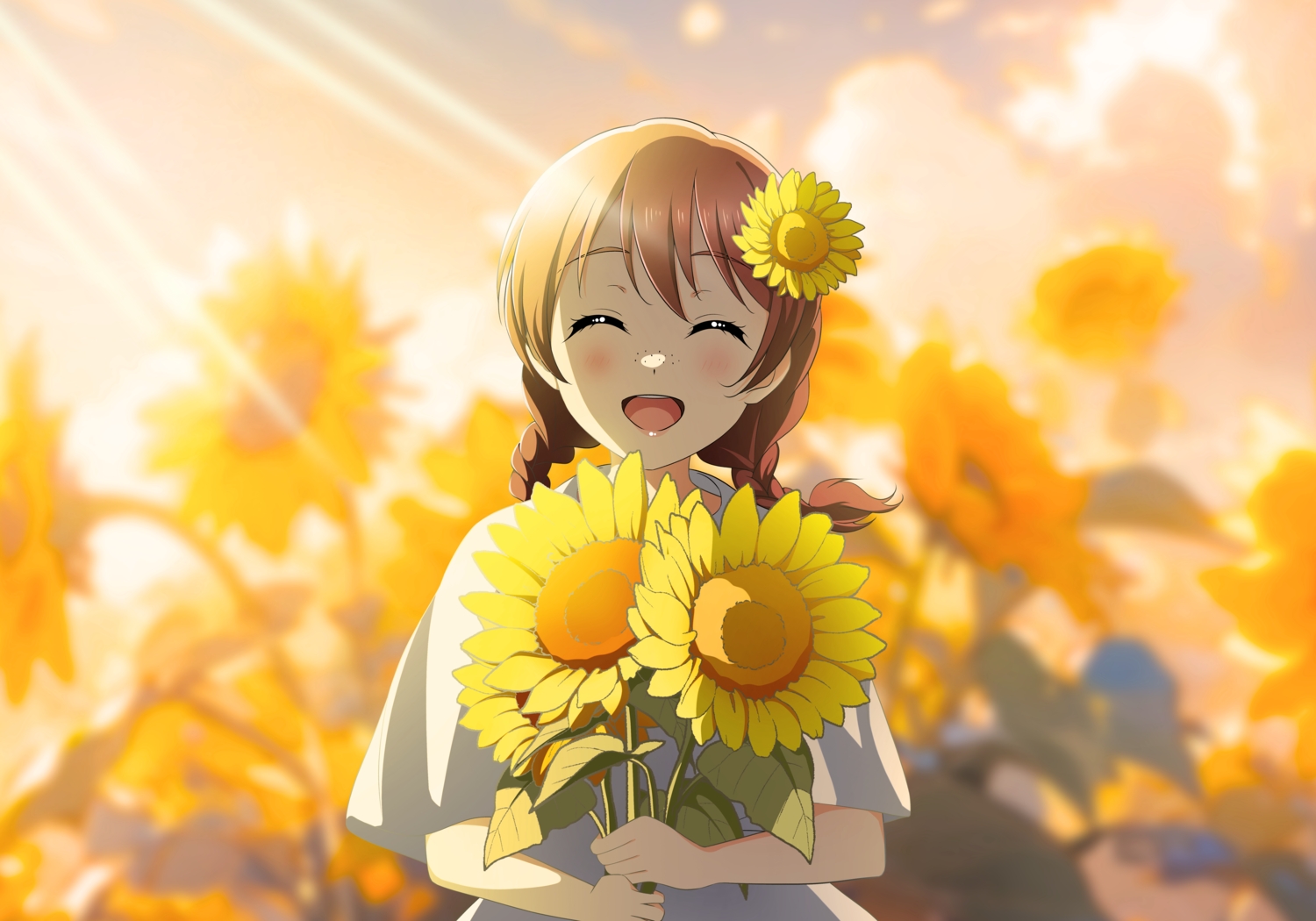 blush, braids, brown_hair, close, clouds, dress, emma_verde, flowers