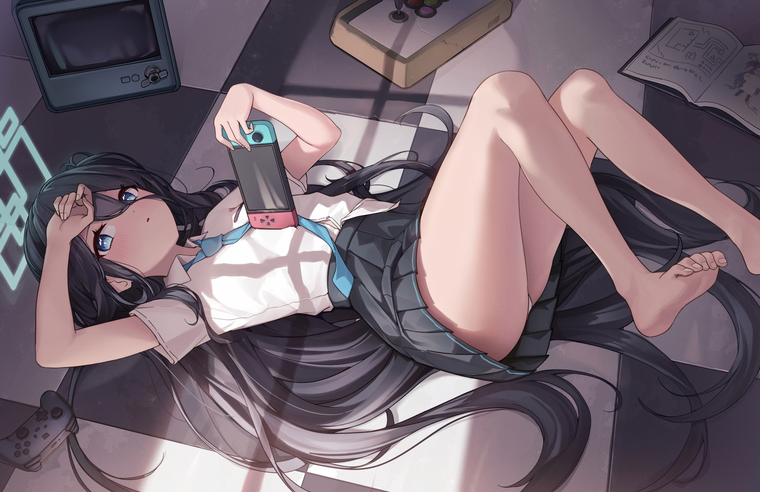 aqua_eyes, barefoot, black_hair, blue_archive, blush, book, game_console, gyool, halo, loli, long_hair, panties, school_uniform, shirt, skirt, tendou_arisu_(blue_archive), tie, underwear