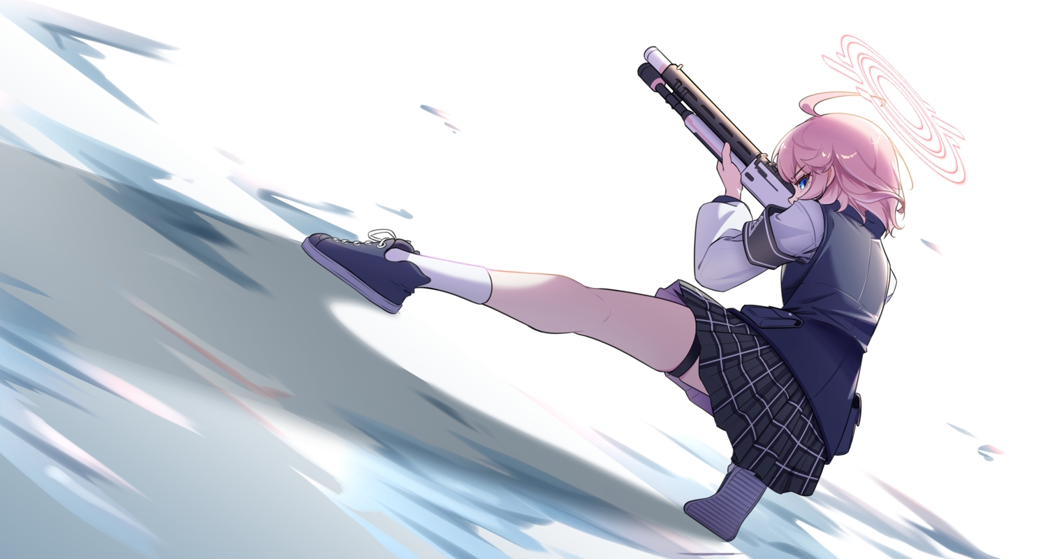 aqua_eyes, blue_archive, garter, gun, halo, kneehighs, pink_hair, samgong, school_uniform, shirt, short_hair, skirt, socks, spread_legs, takanashi_hoshino, weapon, white