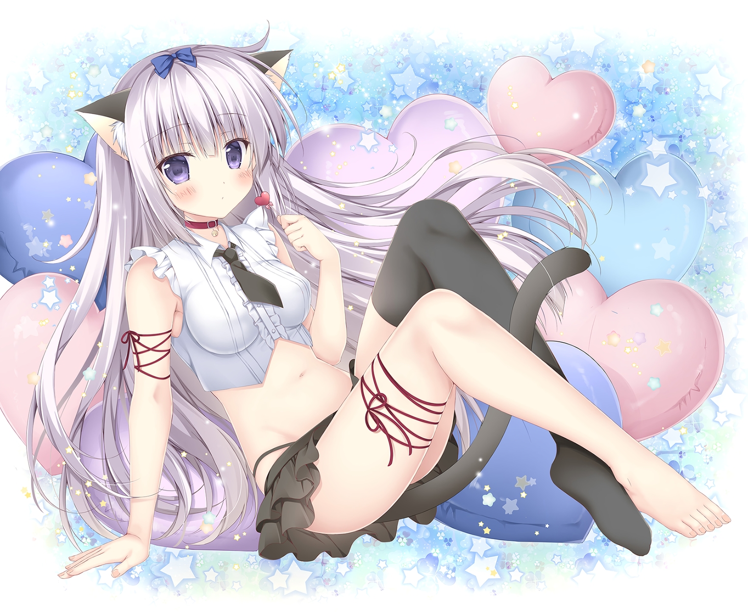 airi_(alice_or_alice), alice_or_alice_siscon_niisan_to_futago_no_imouto, animal_ears, barefoot, blush, candy, catgirl, korie_riko, lollipop, long_hair, navel, purple_eyes, purple_hair, skirt, tail, thighhighs