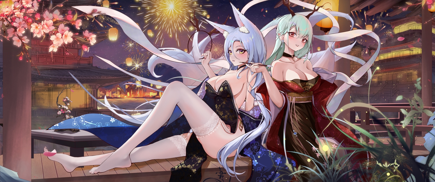 2girls, animal_ears, blue_hair, blush, breasts, brown_eyes, building, cherry_blossoms, chinese_clothes, chinese_dress, choker, cleavage, dress, fireworks, flowers, foxgirl, green_hair, headband, horns, long_hair, night, original, petals, red_eyes, sky, stars, thighhighs, water, xllycyer
