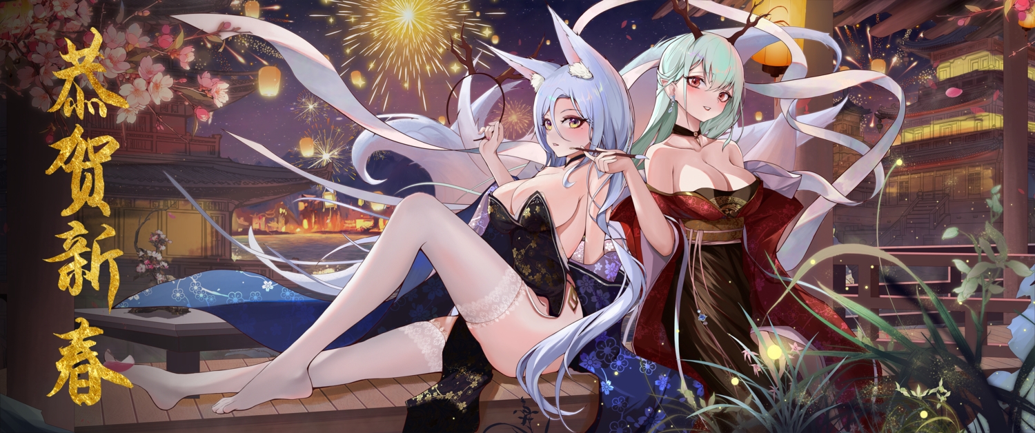 2girls, animal_ears, blue_hair, blush, breasts, brown_eyes, building, cherry_blossoms