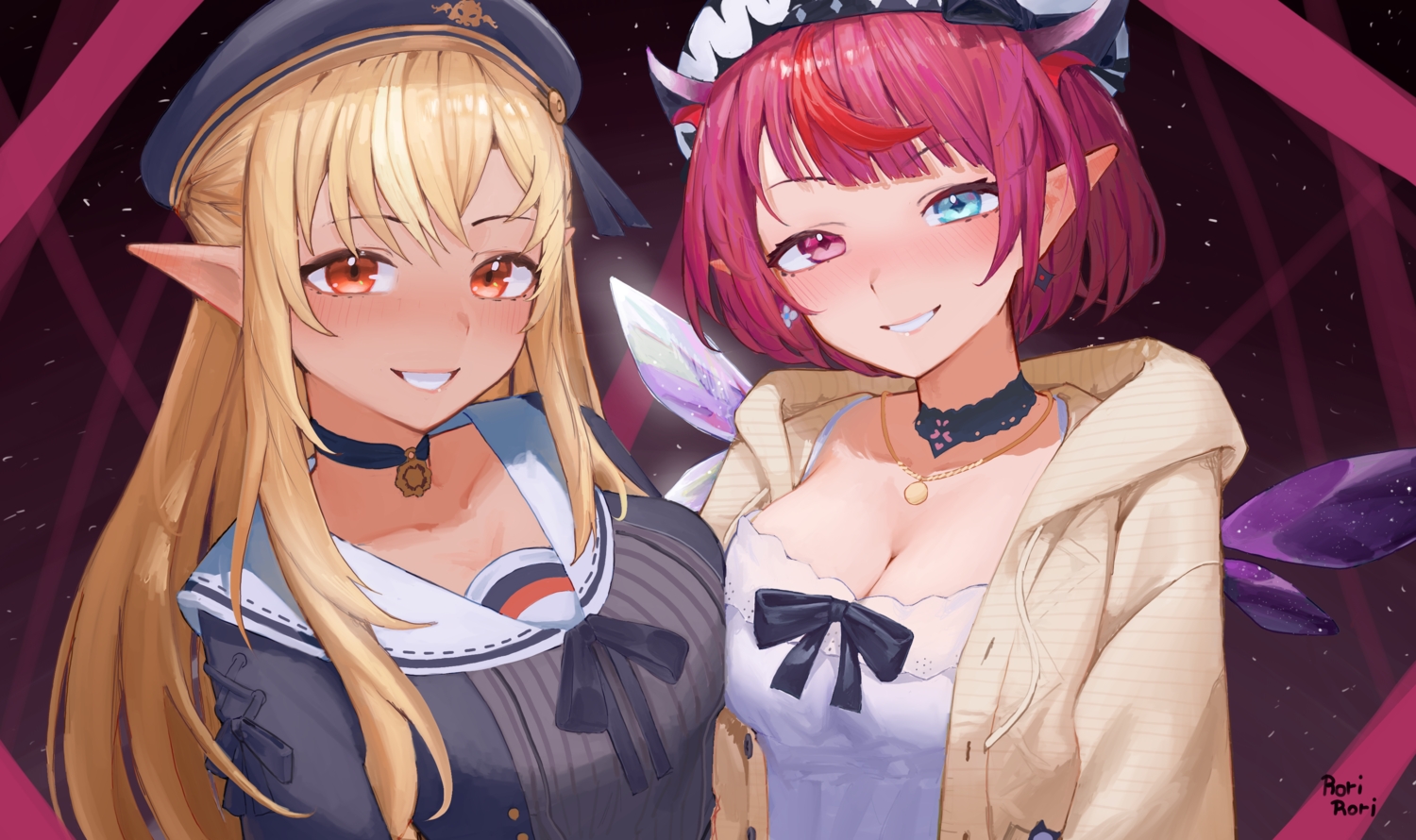 2girls, bicolored_eyes, blonde_hair, blush, bow, breasts, choker, cleavage