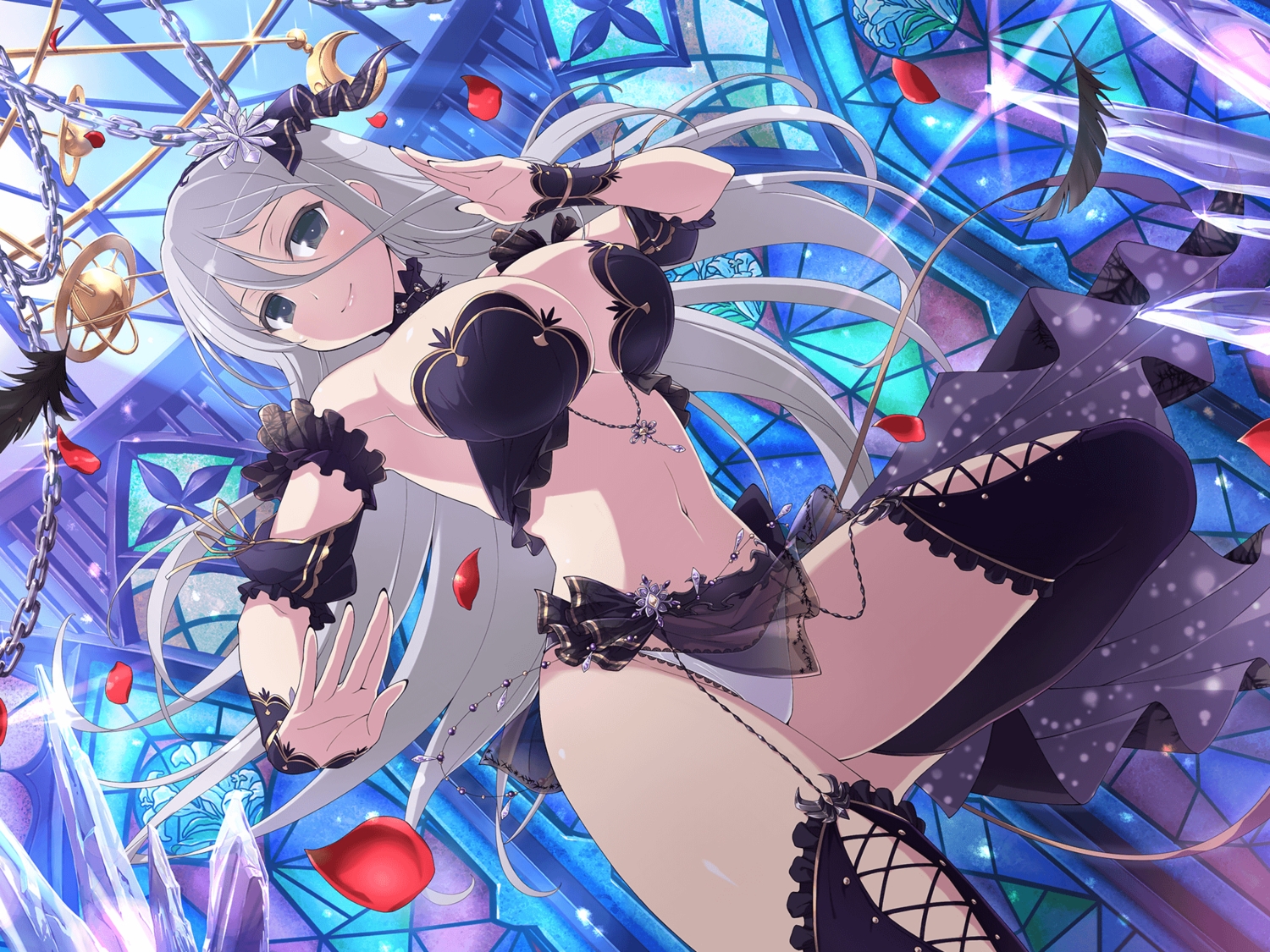 breasts, chain, cleavage, feathers, garter_belt, gekkou_(senran_kagura), gray_eyes, gray_hair