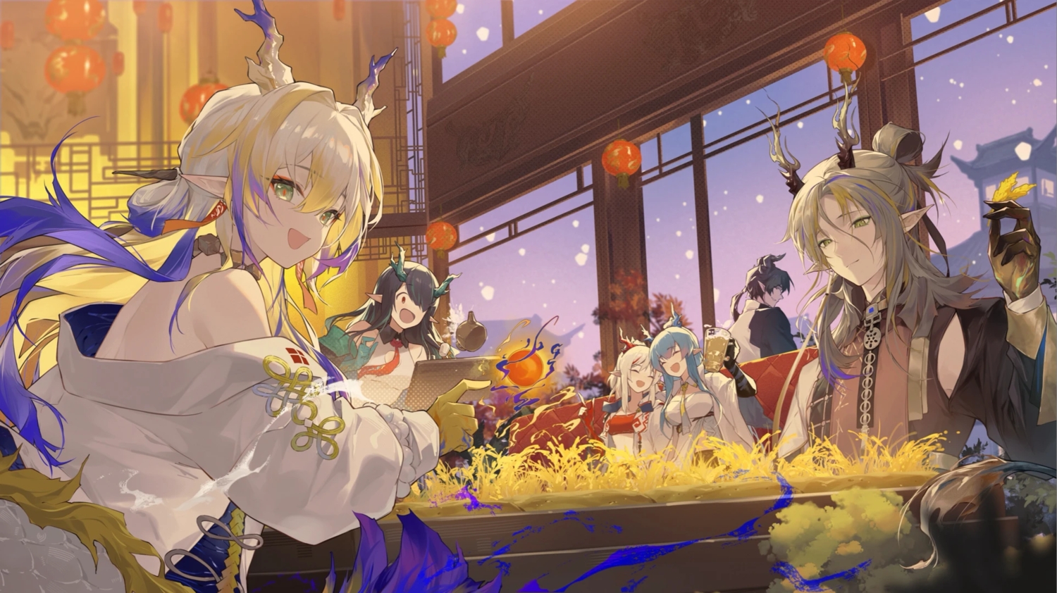arknights, black_hair, building, chong_yue_(arknights), drink, dusk_(arknights), elbow_gloves, gloves