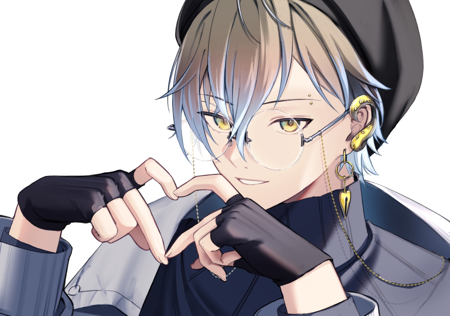 all_male, brown_hair, close, glasses, gloves, hat, heart, ike_eveland, male, nijisanji, peridot_(periperi_8), short_hair, white, yellow_eyes