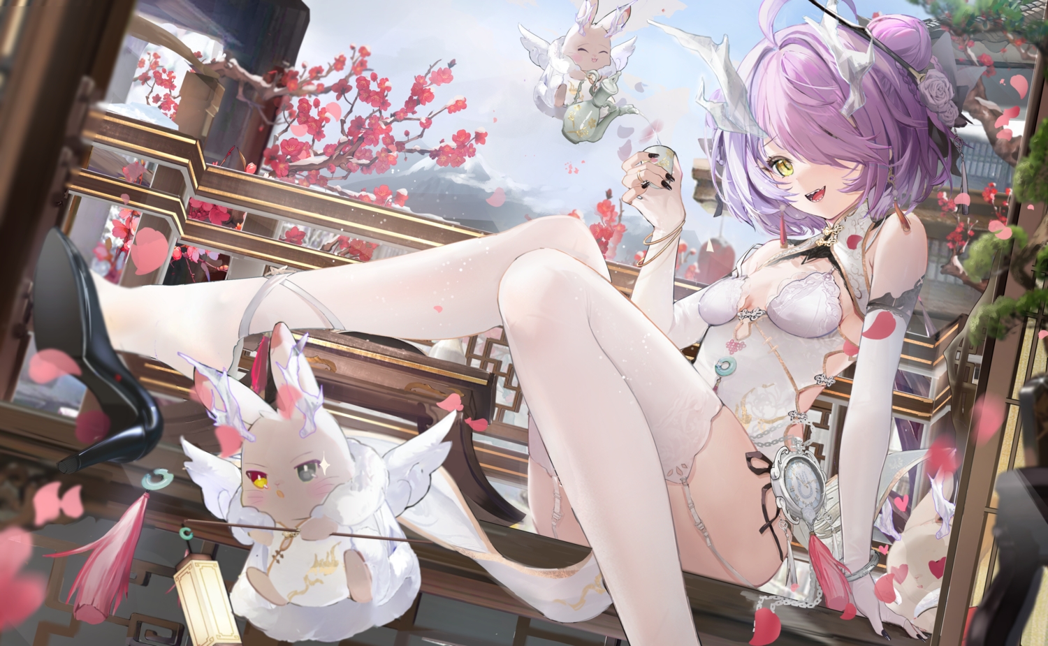 animal, bicolored_eyes, blush, braids, building, chinese_clothes, chinese_dress, dress