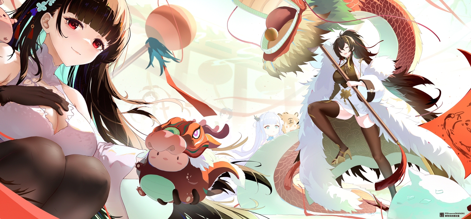 animal_ears, anthropomorphism, aqua_eyes, azur_lane, black_hair, blonde_hair, blush, breast_hold