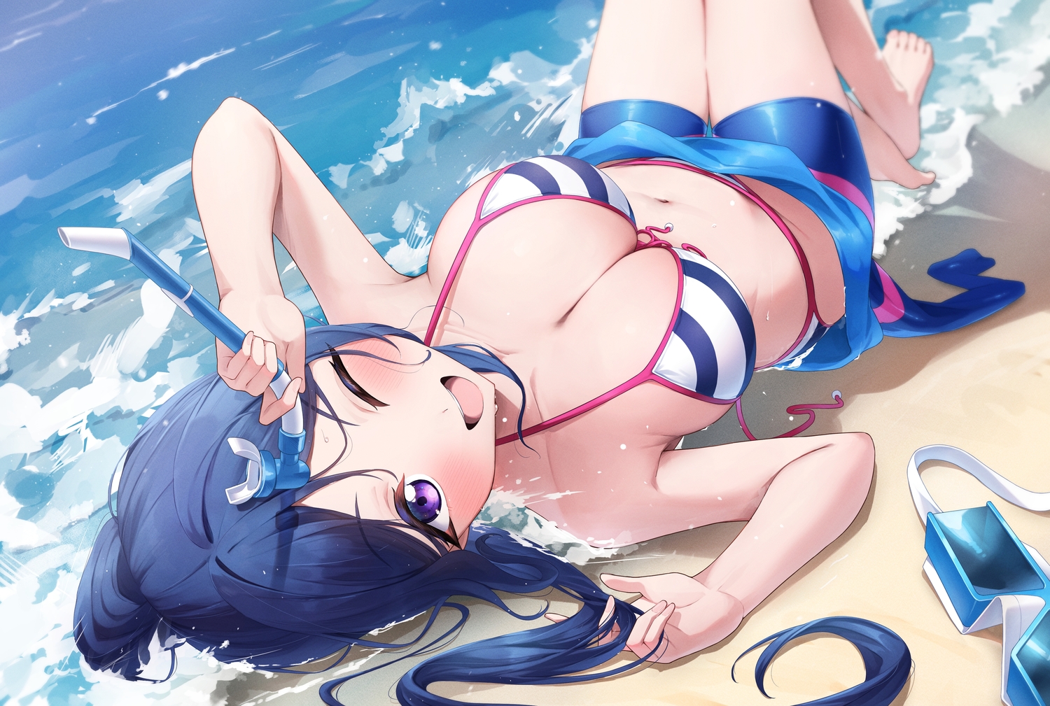 barefoot, beach, bikini, blue_hair, blush, breasts, cleavage, goggles