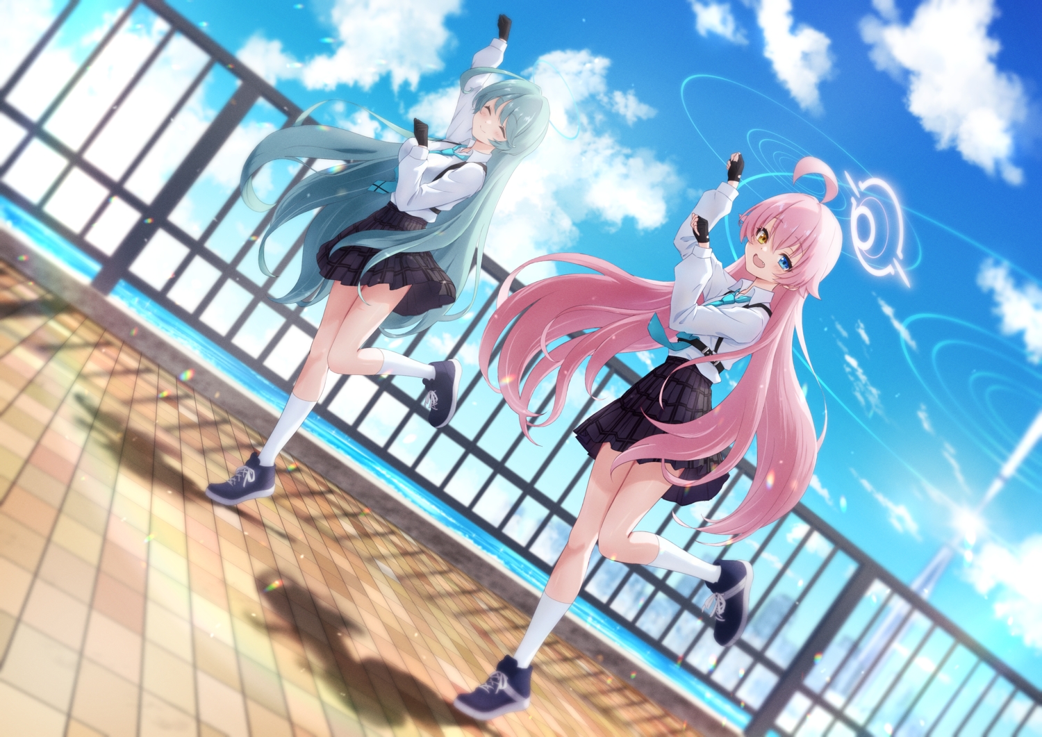 aqua_hair, bicolored_eyes, blue_archive, blush, breasts, building, clouds, ekura28, fang, gloves, halo, kneehighs, kuchinashi_yume, long_hair, pink_hair, school_uniform, shirt, skirt, sky, takanashi_hoshino, tie, water
