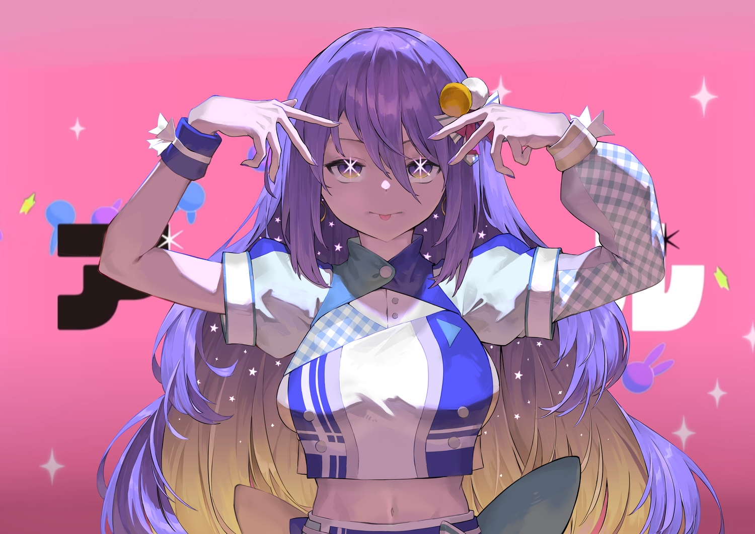 bow, gradient, hololive, long_hair, moona_hoshinova, navel, oshi_no_ko, pink, purple_eyes, purple_hair, wristwear, zetsuental