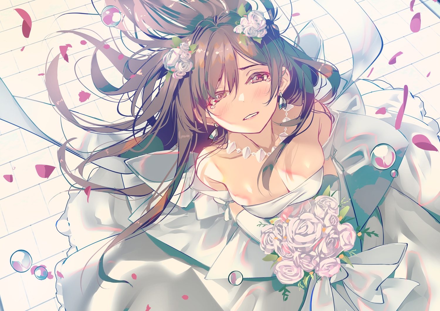 blush, bow, breasts, brown_eyes, brown_hair, cleavage, dress, elbow_gloves