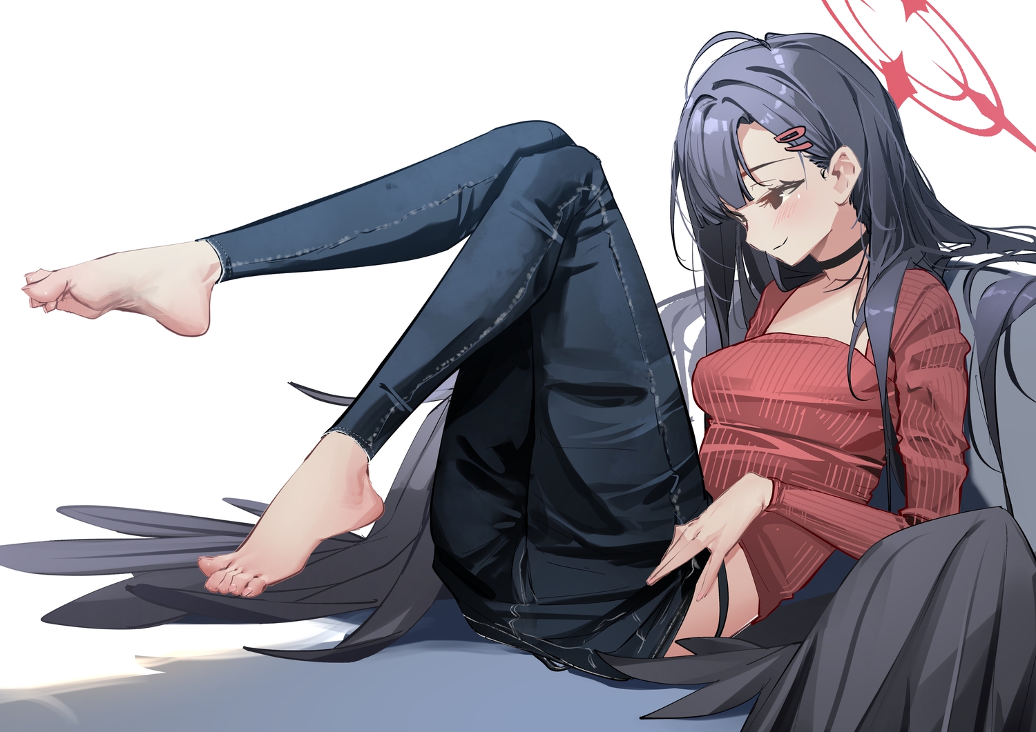 barefoot, black_eyes, black_hair, blue_archive, blush, choker, halo, long_hair