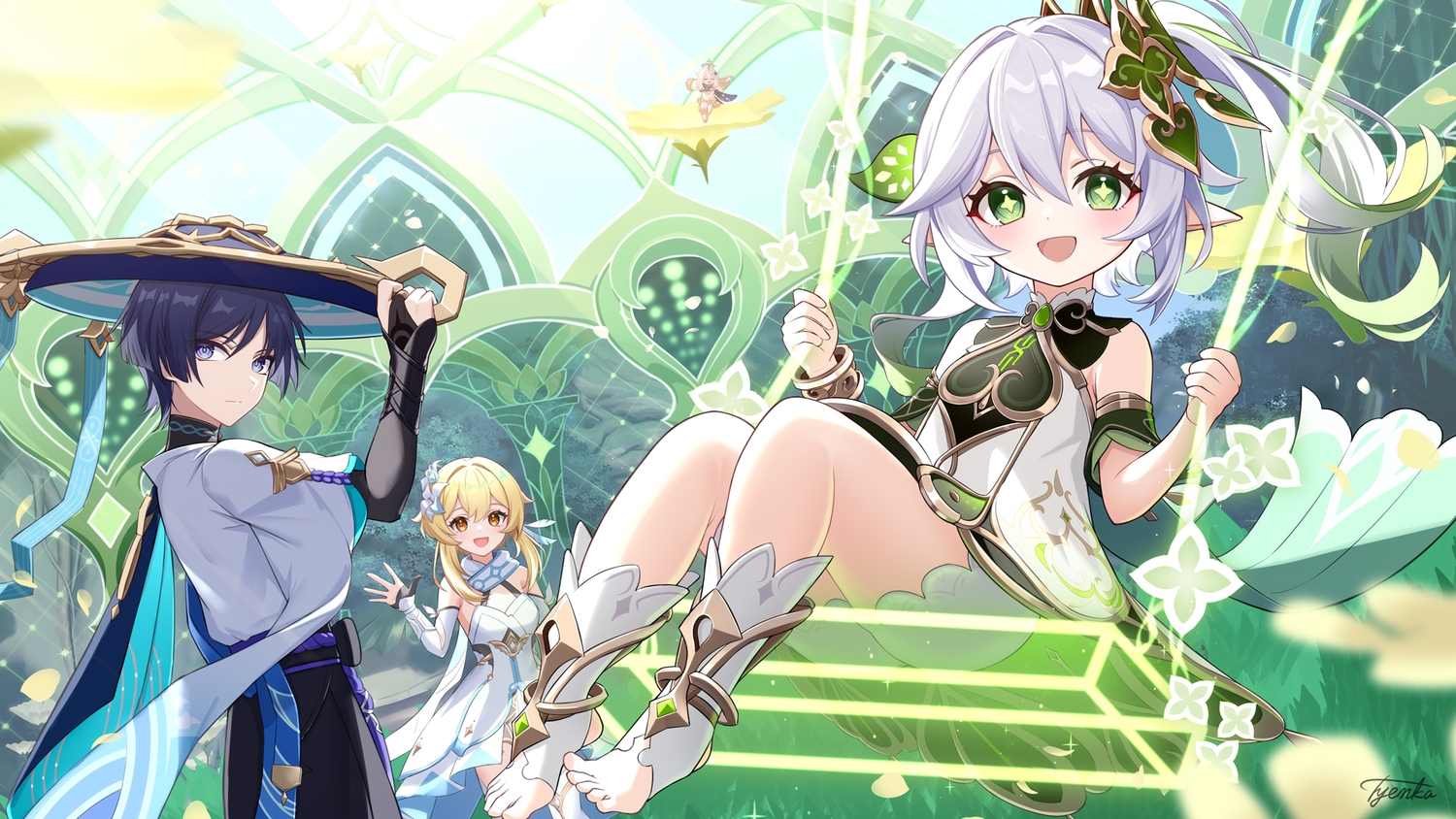 barefoot, blonde_hair, blush, brown_eyes, elbow_gloves, genshin_impact, gloves, grass, gray_hair, green_eyes, hat, loli, lumine_(genshin_impact), male, nahida_(genshin_impact), paimon_(genshin_impact), petals, ponytail, purple_eyes, purple_hair, scaramouche_(genshin_impact), short_hair, signed, thighhighs, tree, tyenka7728, wanderer_(genshin_impact)