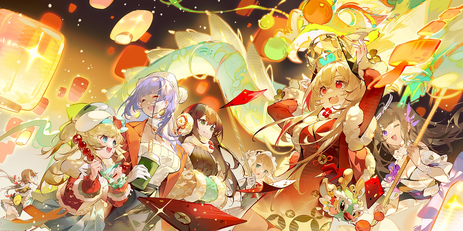 ak12_(girls_frontline), aqua_eyes, black_hair, blonde_hair, breasts, brown_hair, cleavage, dragon, drink, emurina, fang, food, girls_frontline, girls_frontline_2, gloves, gray_hair, green_eyes, group, hat, headband, headdress, long_hair, m4a1_(girls_frontline), m4_sopmod_ii_(girls_frontline), neural_cloud, purple_eyes, purple_hair, red_hair, ro635_(girls_frontline), sakuya_(neural_cloud), skirt, tagme_(character), thighhighs, vepley_(girls_fronline_2)