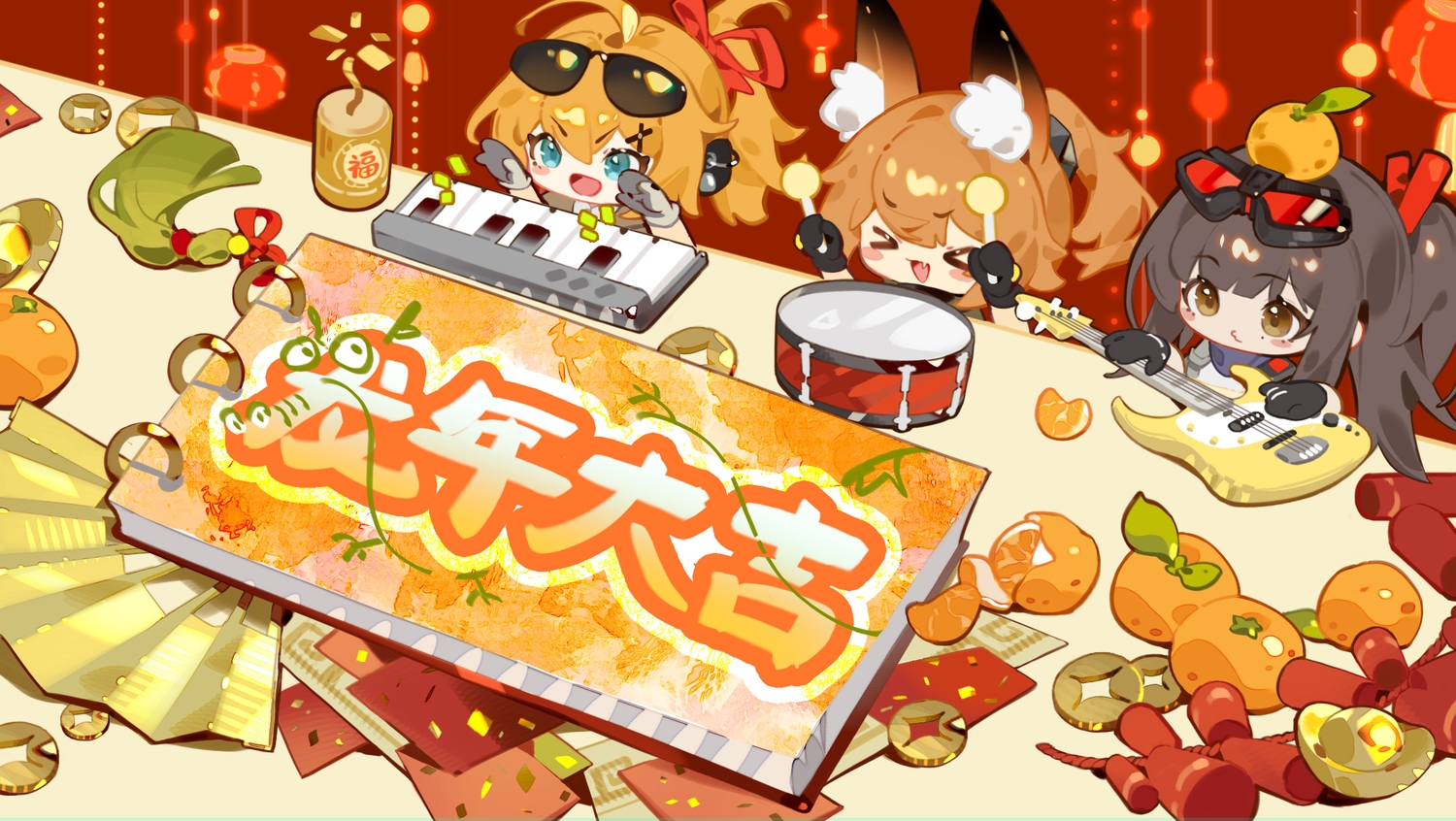 animal_ears, aqua_eyes, black_hair, blush, bow, brown_eyes, chibi, drums