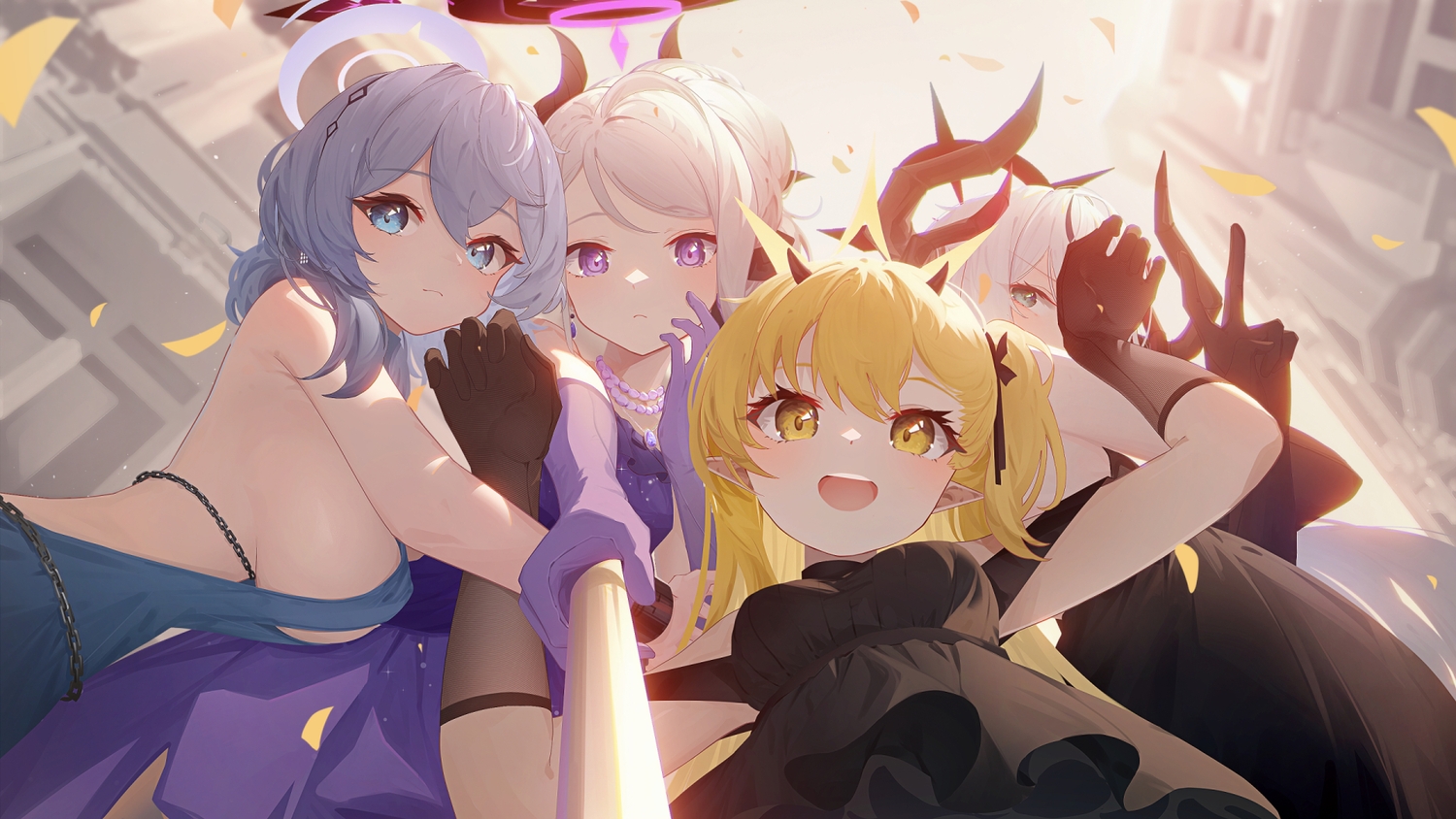 999kun, amau_ako, aqua_eyes, blonde_hair, blue_archive, bow, breasts, close, elbow_gloves, gloves, gray_hair, green_eyes, group, halo, hanuma_makoto, horns, no_bra, pointed_ears, purple_eyes, short_hair, sideboob, sorasaki_hina, tanga_ibuki, wristwear, yellow_eyes