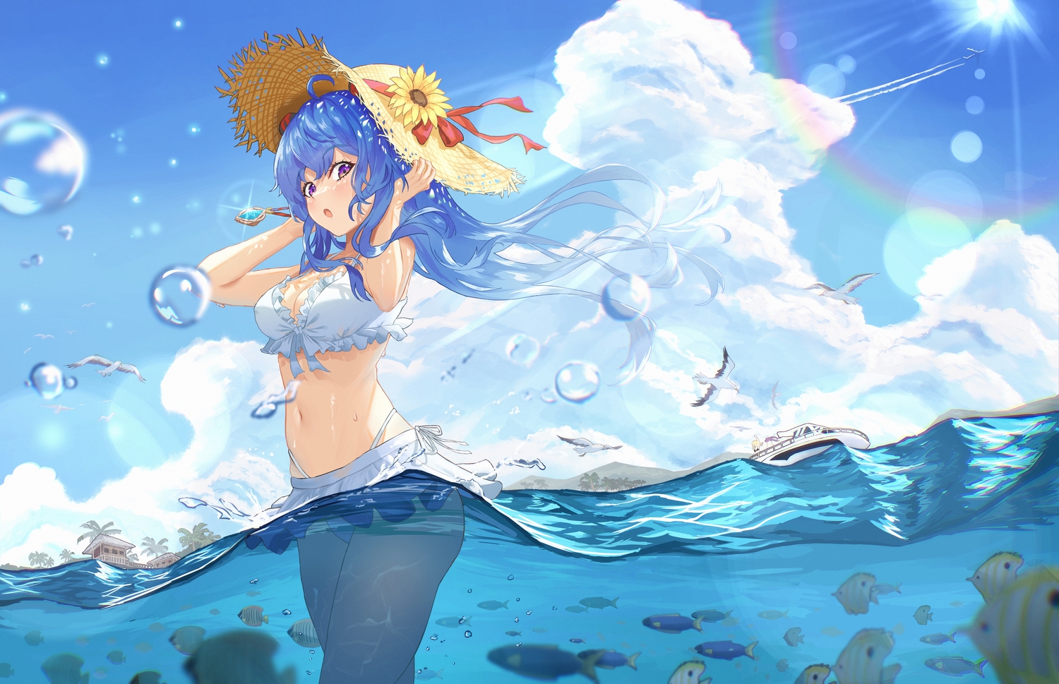 animal, ayloss, bikini, bird, blue_hair, blush, boat, bow, breasts, bubbles, building, cleavage, clouds, fish, flowers, ganyu_(genshin_impact), genshin_impact, hat, horns, long_hair, purple_eyes, sky, sunflower, swimsuit, tree, underwater, water