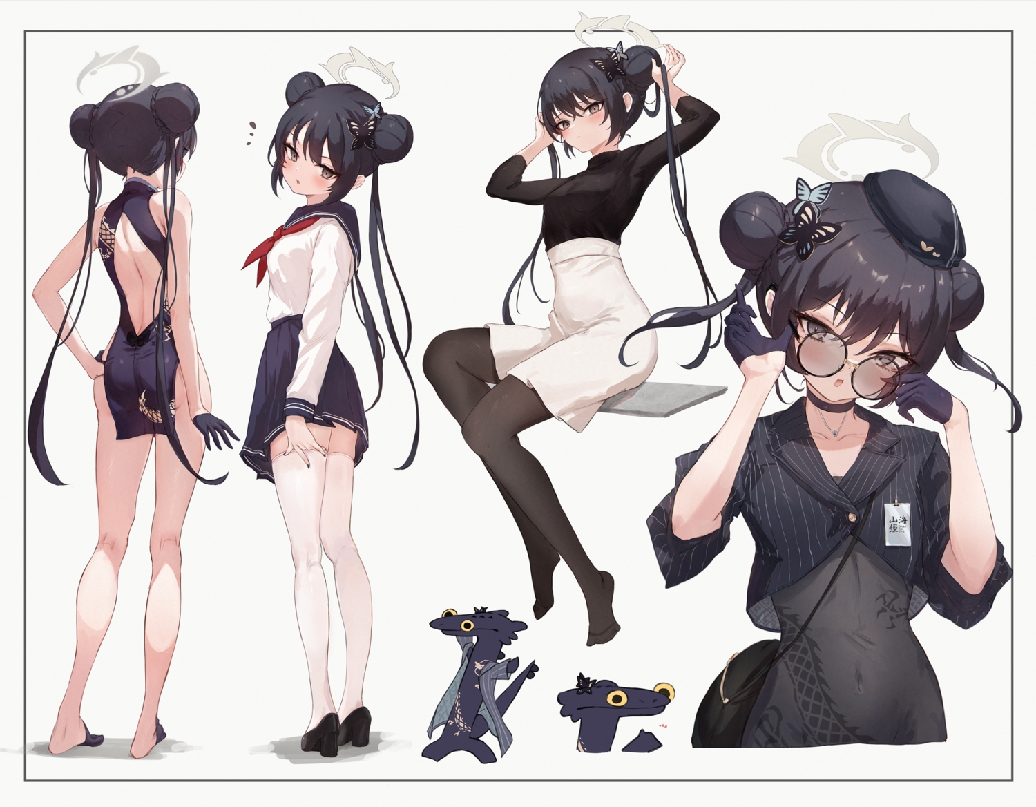 ass, black_hair, blue_archive, blush, brown_eyes, chinese_clothes, chinese_dress, choker, dress, glasses, gloves, halo, hat, long_hair, pantyhose, ryuuge_kisaki, school_uniform, skintight, skirt, thighhighs, white, yoyopipa