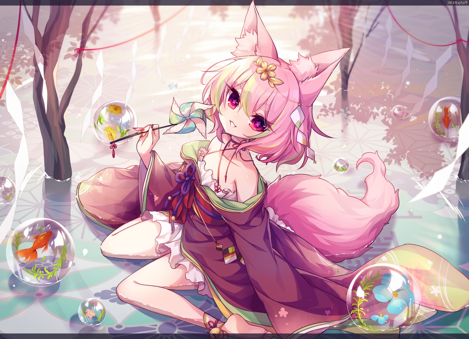 animal, animal_ears, barefoot, bell, bubbles, cat_smile, choker, fish