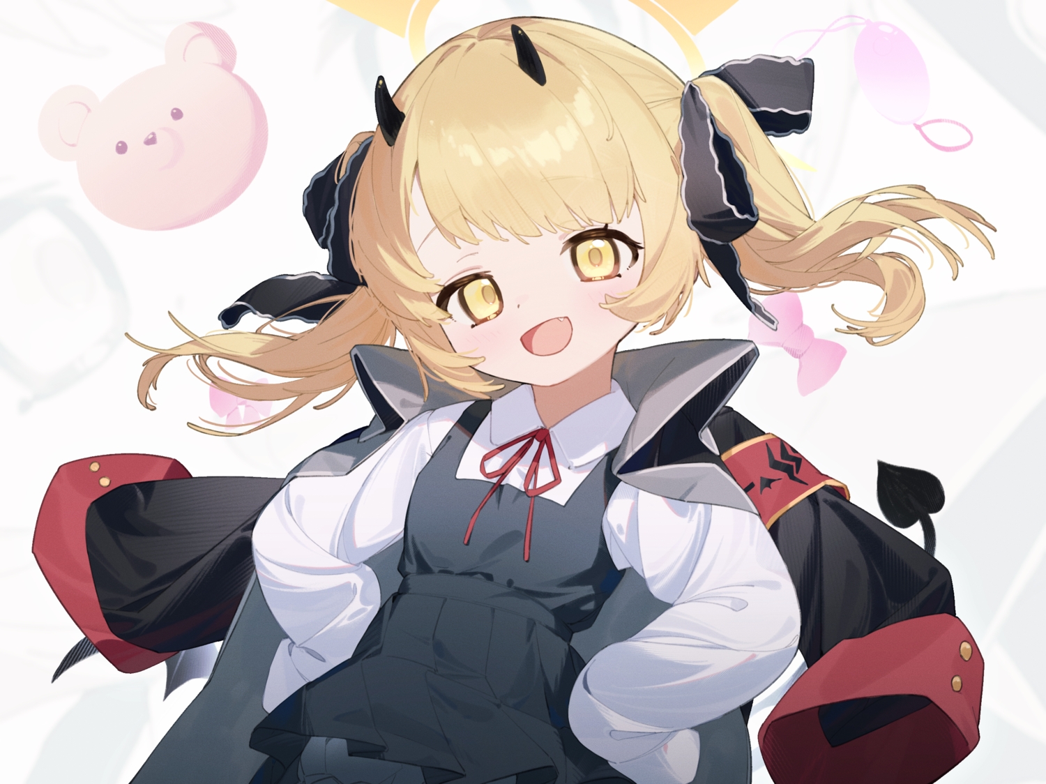blonde_hair, bloomers, blue_archive, blush, bow, cape, dress, fang