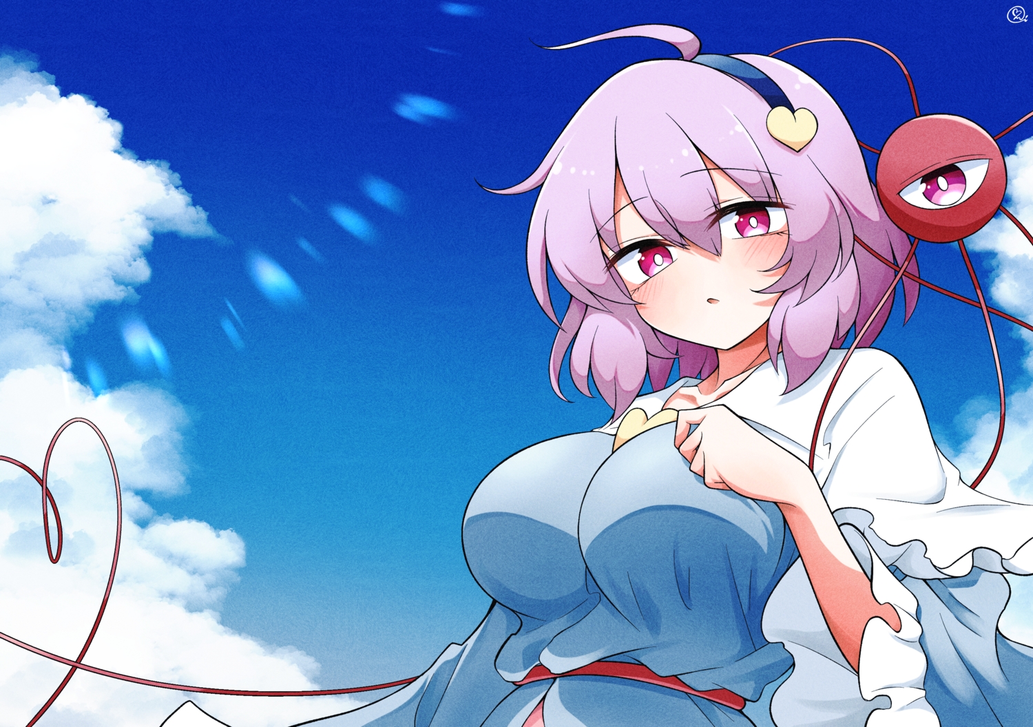 aliasing, breast_hold, breasts, close, clouds, headband, heart, komeiji_satori, pink_eyes, pink_hair, scavia10, short_hair, signed, sky, touhou