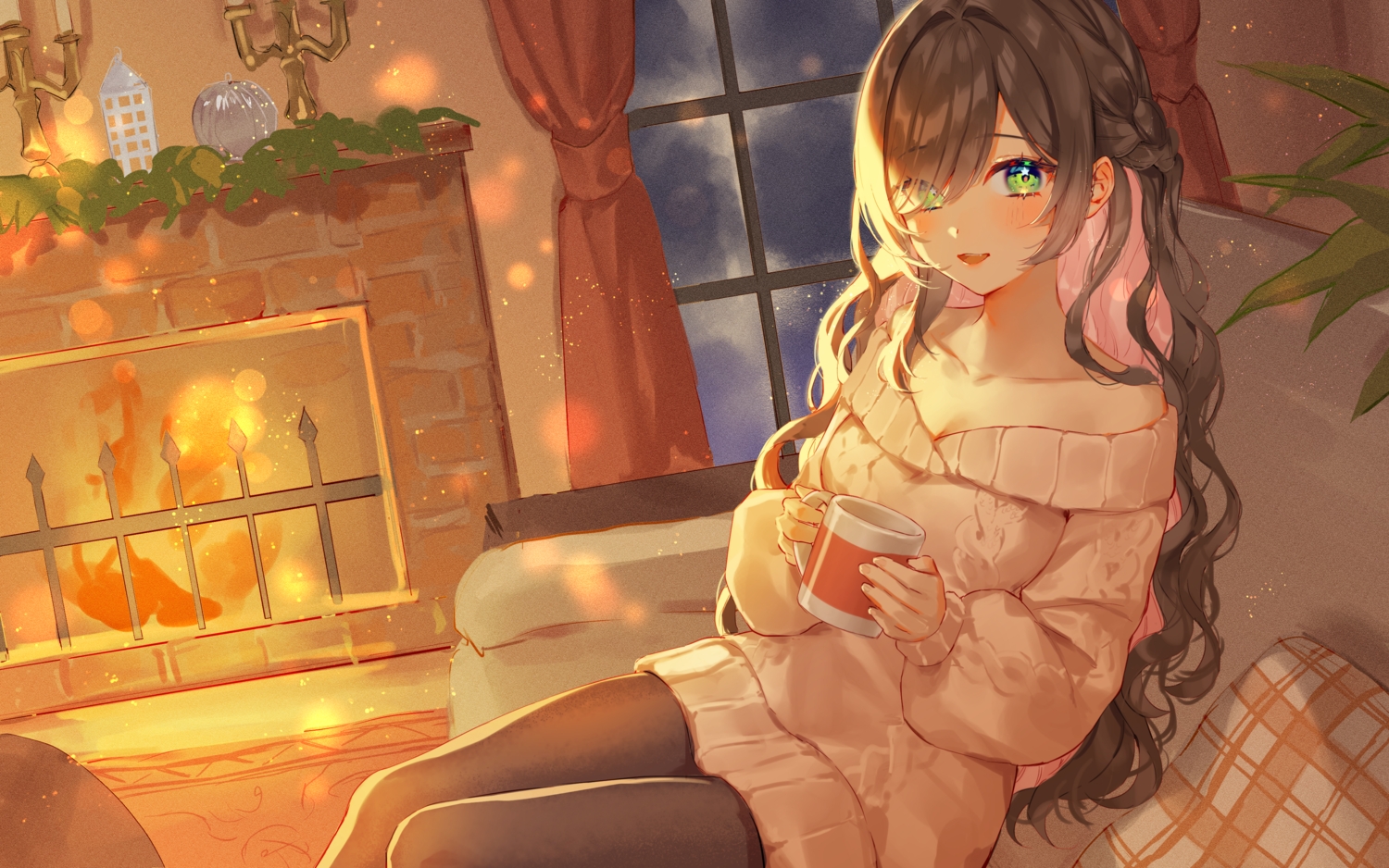 aliasing, bed, blush, braids, brown_hair, couch, dress, drink