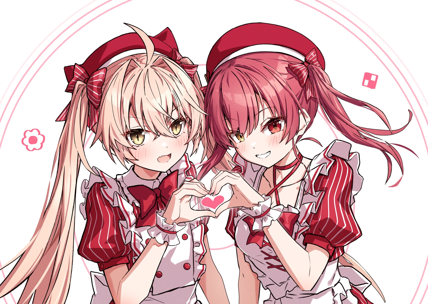 2girls, bicolored_eyes, blonde_hair, blush, bow, brown_eyes, close, fang