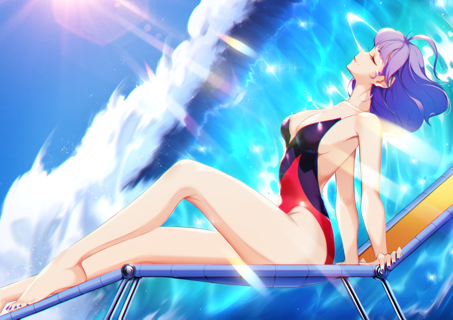 barefoot, blueorca, breasts, cleavage, creamy_mami, mahou_no_tenshi_creamy_mami, purple_hair, short_hair