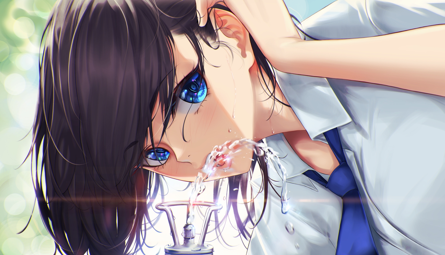 aqua_eyes, black_hair, blueorca, blush, close, drink, original, school_uniform