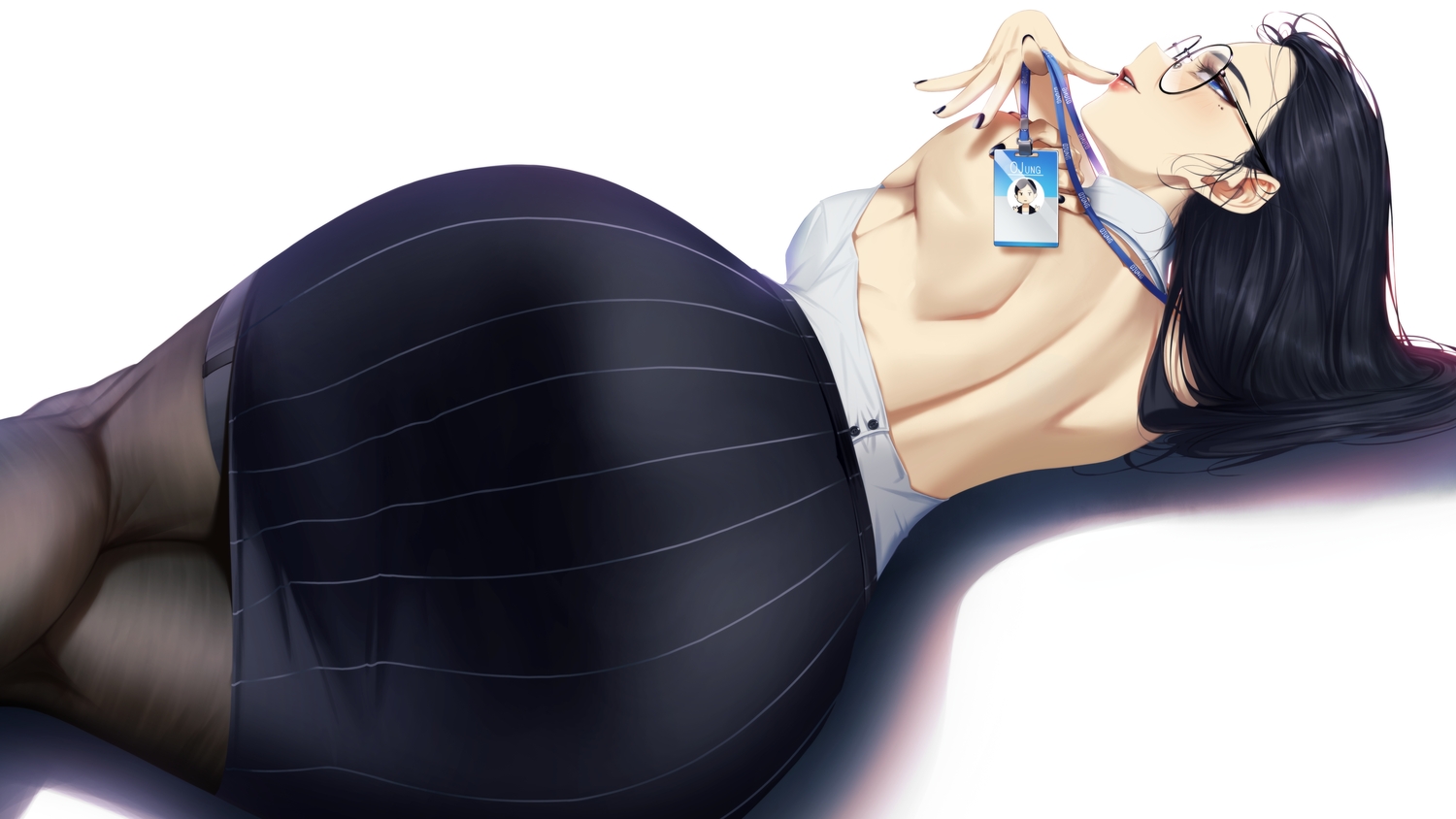 ass, black_hair, blue_eyes, blueorca, close, glasses, long_hair, no_bra