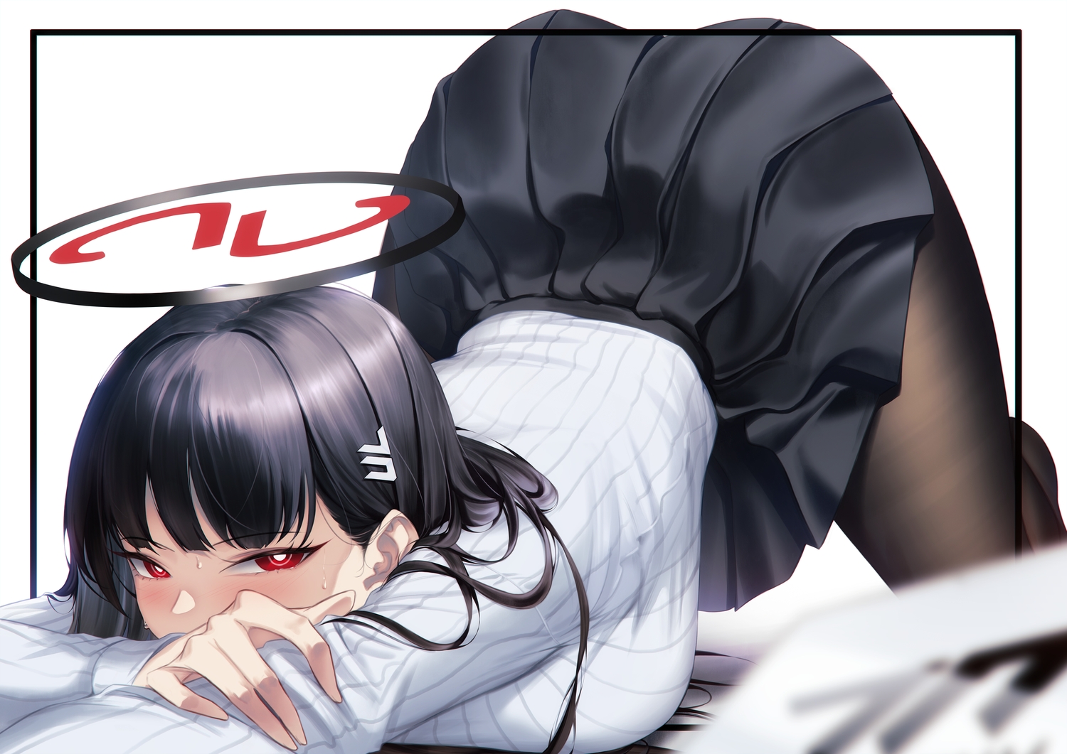 black_hair, blue_archive, blueorca, blush, close, halo, long_hair, pantyhose