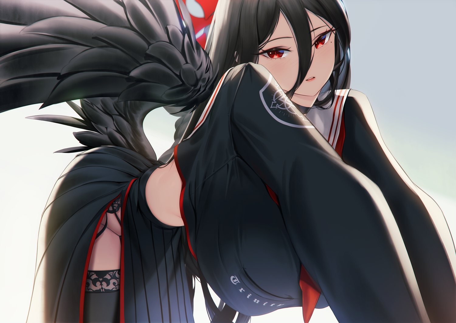black_hair, blue_archive, blueorca, blush, choker, close, garter, garter_belt