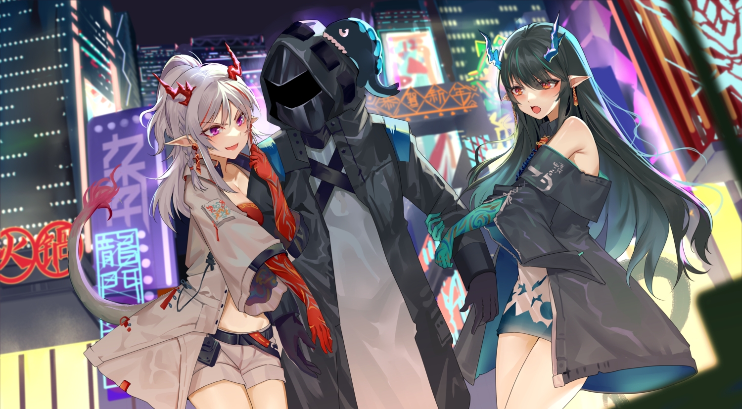 arknights, bitey_(arknights), black_hair, braids, breasts, building, city, cleavage, doctor_(arknights), dusk_(arknights), gloves, gray_hair, group, hasegawamorito, hood, horns, hug, male, mask, navel, nian_(arknights), night, pointed_ears, ponytail, purple_eyes, red_eyes, shorts, sky, tail, tattoo